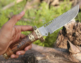 Shokunin USA Ash Bowie Knife 12" and Damascus Steel Hunting Knife - Premium Quality Damascus Knife for Hunting and Outdoor Activities